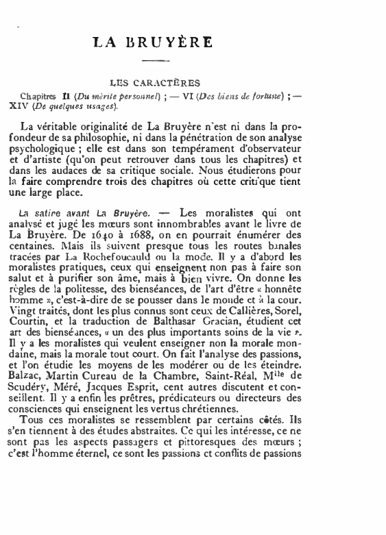 Prévisualisation du document LA

BRU YÈRE

LES CARACTÈRES
Chapitres Il (D" mérite person11el) ; - VI (Des biens ck fortune) ; -

XIV...