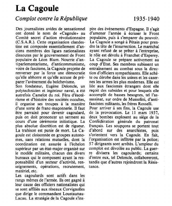 Prévisualisation du document La Cagoule: Complot contre la République.