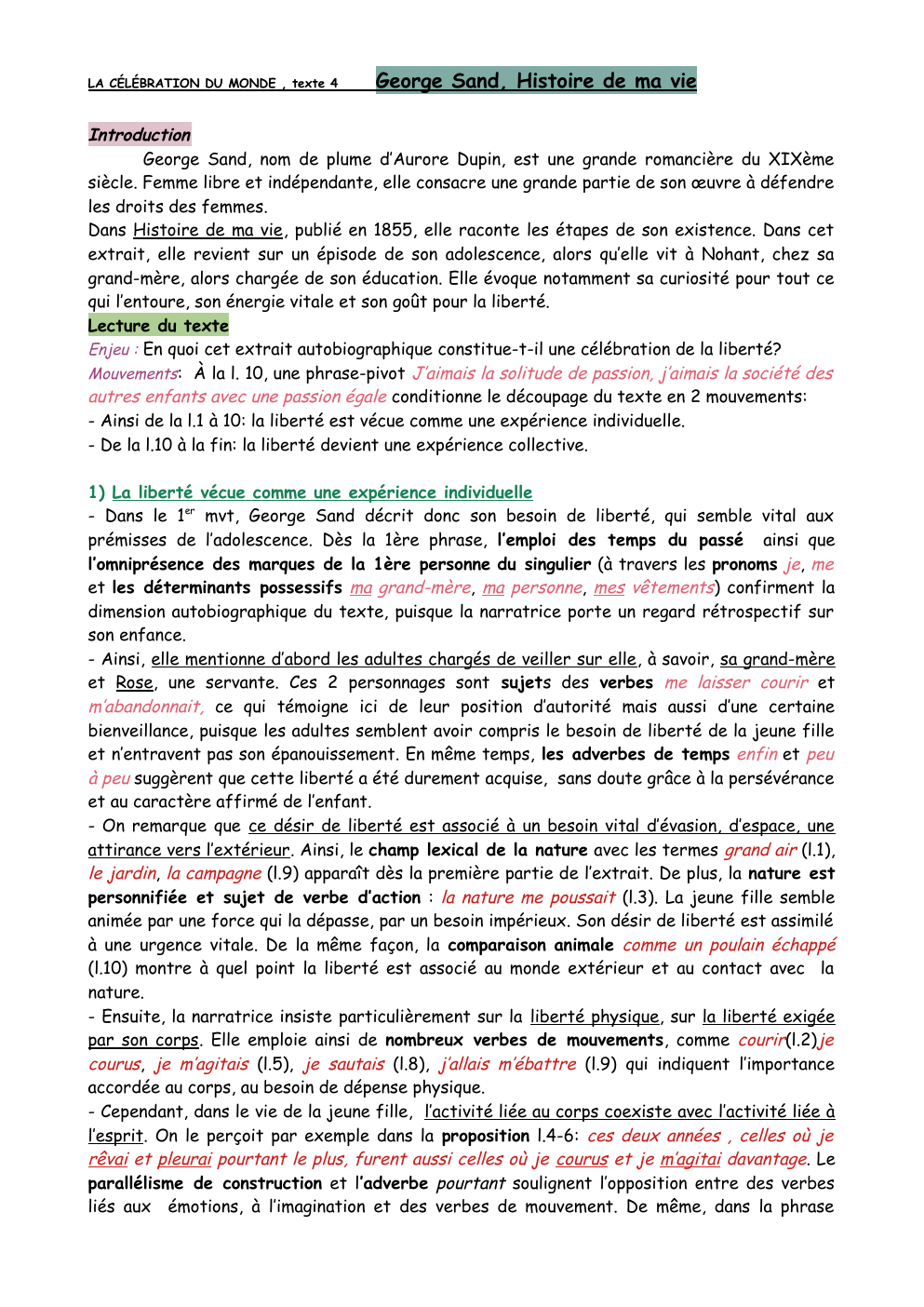 Prévisualisation du document LA CÉLÉBRATION DU MONDE , texte 4  George Sand, Histoire de ma vie