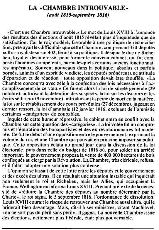 Prévisualisation du document LA «CHAMBRE INTROUVABLE»(août 1815 - septembre 1816) - HISTOIRE.