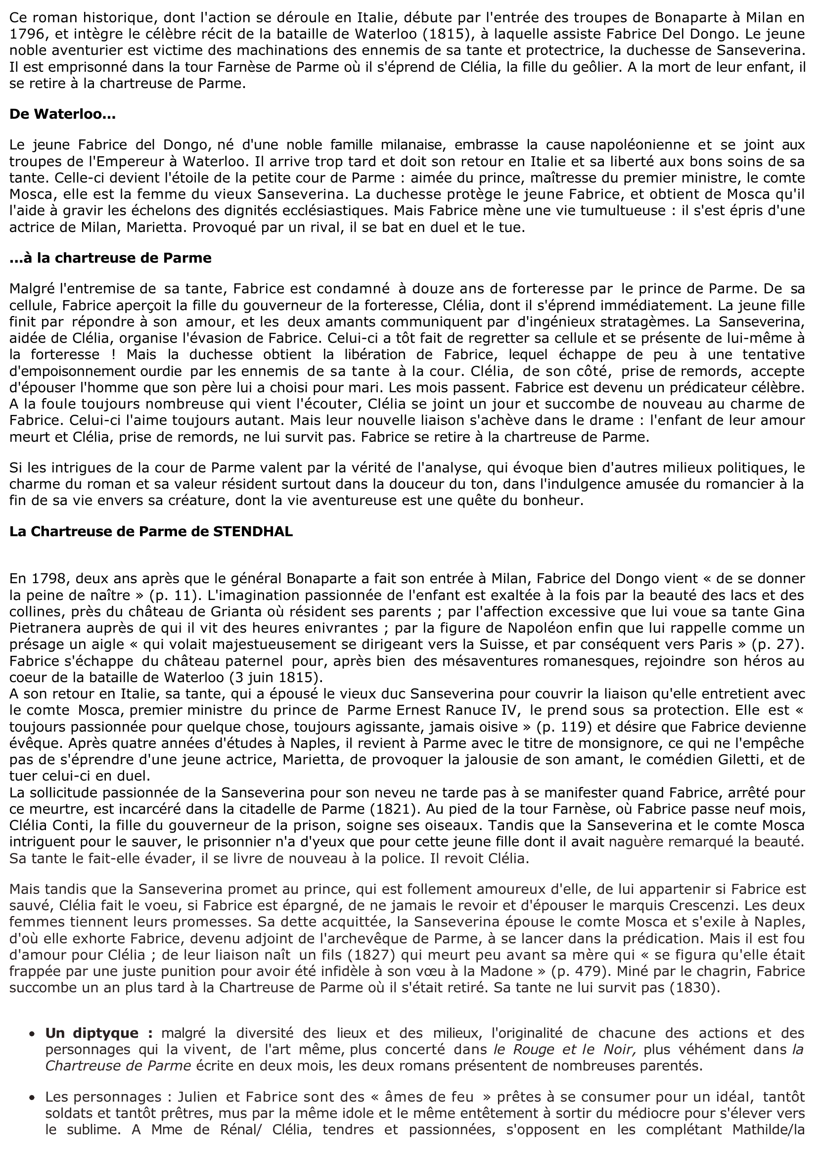 Prévisualisation du document LA CHARTREUSE DE PARME - STENDHAL (analyse)