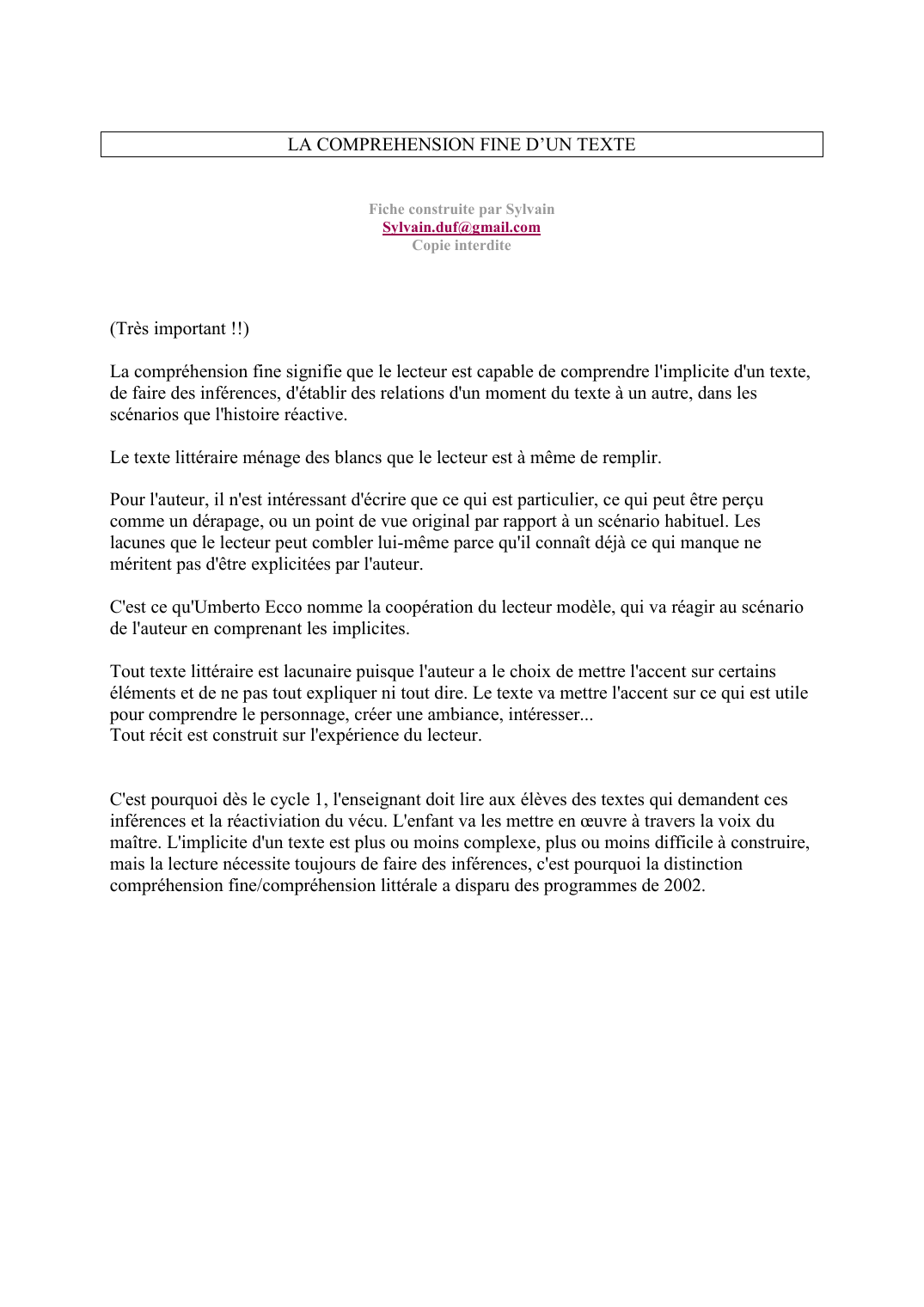 Prévisualisation du document LA COMPREHENSION FINE D'UN TEXTEFiche construite par SylvainSylvain.