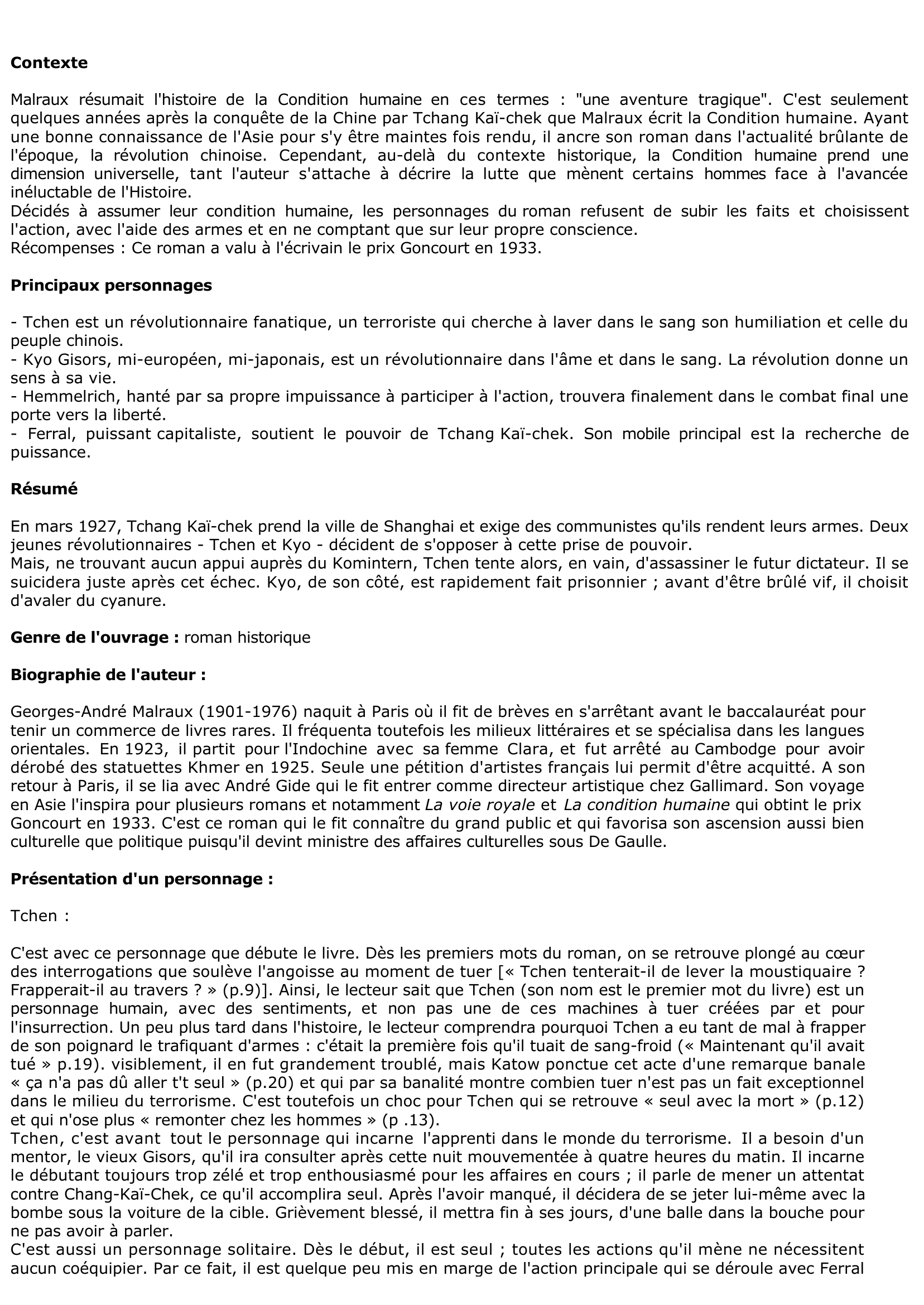 Prévisualisation du document La Condition humaine de Malraux (résumé & analyse)