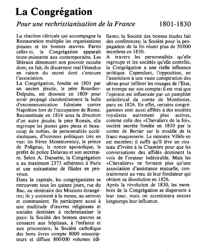 Prévisualisation du document La CongrégationPour une rechristianisation de la France.