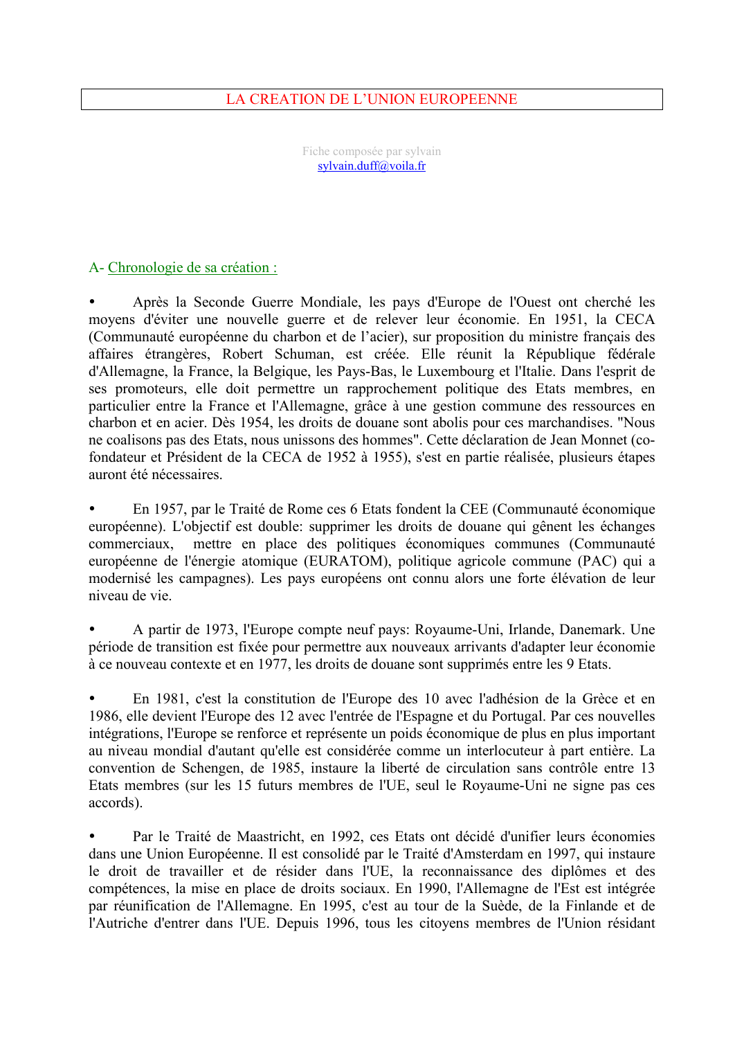 Prévisualisation du document LA CREATION DE L'UNION EUROPEENNEFiche composée par sylvainsylvain.