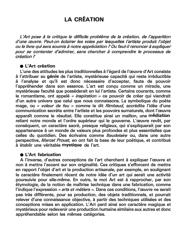 Prévisualisation du document LA CRÉATION (fiche bac)