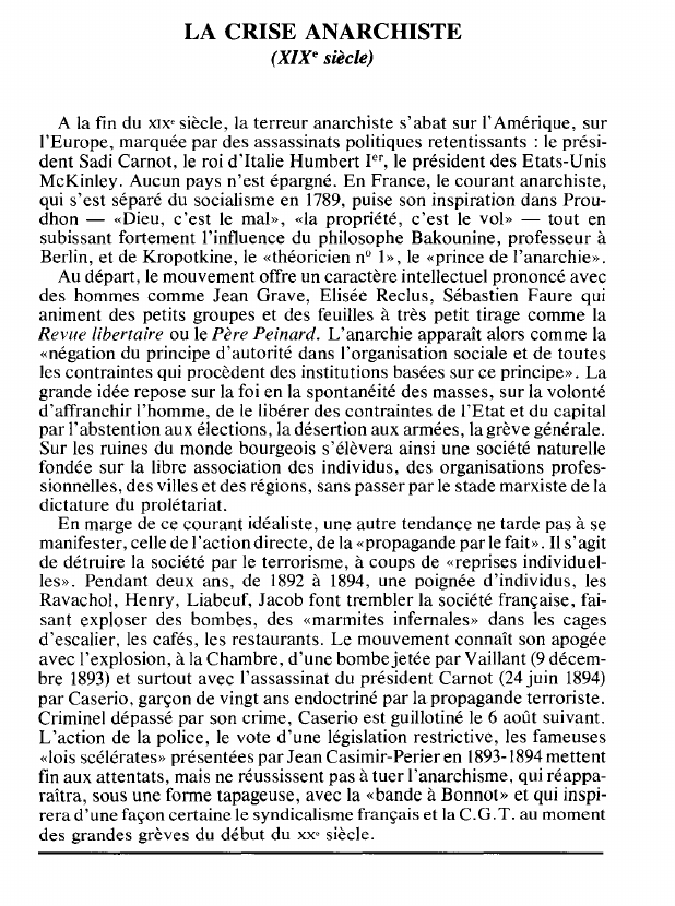 Prévisualisation du document LA CRISE ANARCHISTE(XIXe siècle) (histoire).