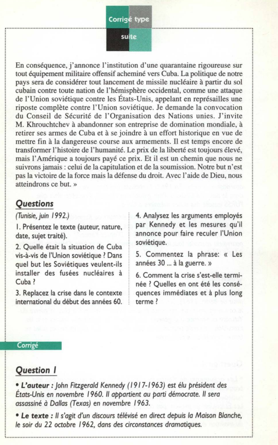 Prévisualisation du document La crise de Cuba, discours télévisé du président Kennedy le 22 octobre 1962. Histoire.