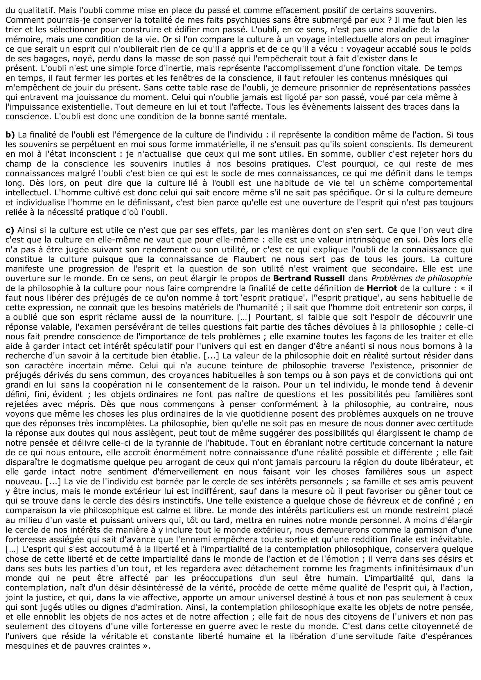 Prévisualisation du document « La culture, c'est ce qui reste quand on a tout oublié. » Édouard Herriot. Commentez cette citation.