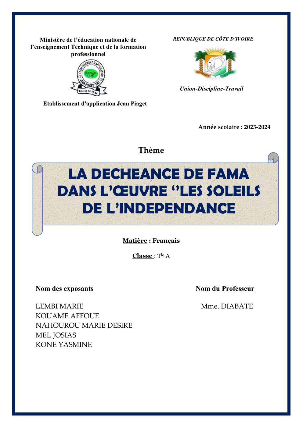 Prévisualisation du document LA DECHEANCE DE FAMA DANS L’ŒUVRE ‘’LES SOLEILS DE L’INDEPENDANCE