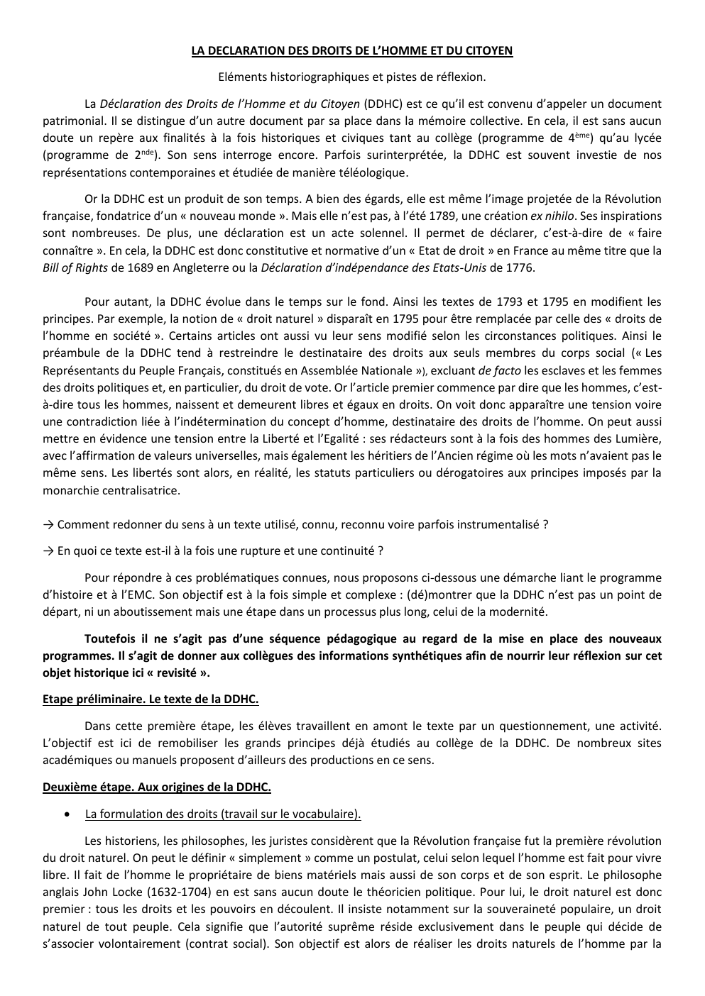 Prévisualisation du document LA DECLARATION DES DROITS DE L’HOMME ET DU CITOYEN Eléments historiographiques et pistes de réflexion.