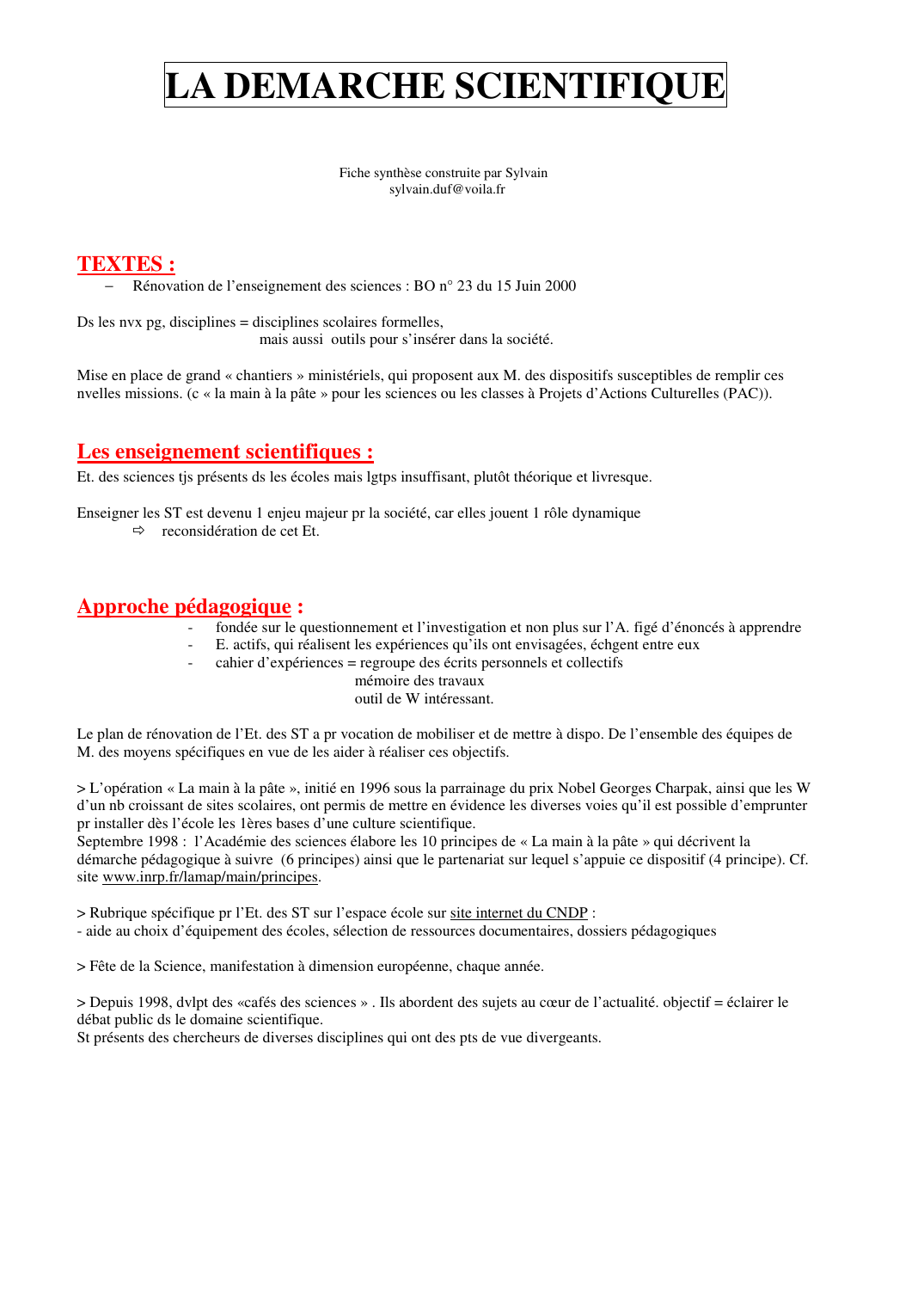 Prévisualisation du document LA DEMARCHE SCIENTIFIQUEFiche synthèse construite par Sylvainsylvain.