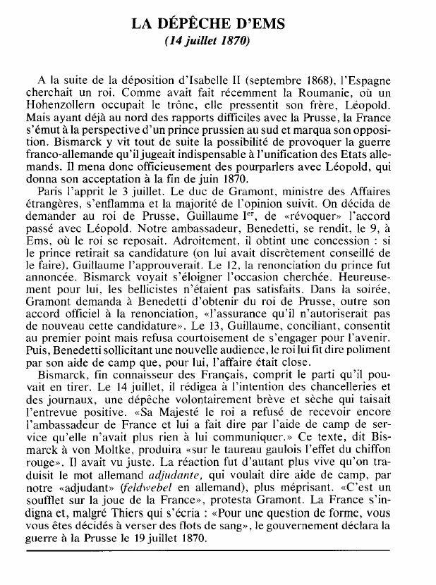 Prévisualisation du document LA DÉPÊCHE D'EMS(14 juillet 1870) (histoire).