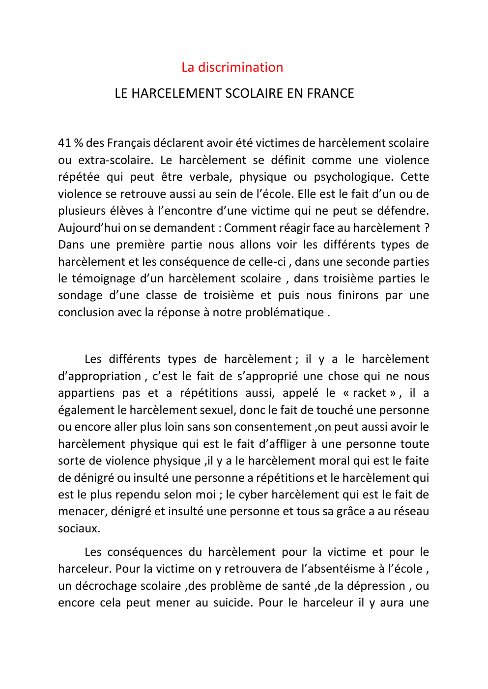 Prévisualisation du document La discrimination LE HARCELEMENT SCOLAIRE EN FRANCE