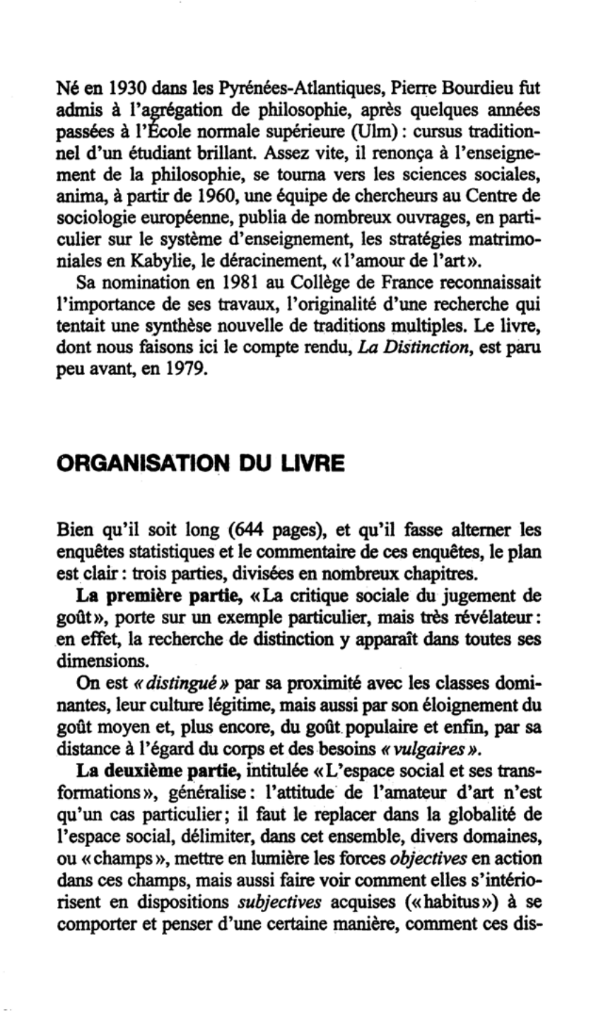Prévisualisation du document La Distinction - Critique sociale du jugement de Pierre BOURDIEU (fiche de lecture)