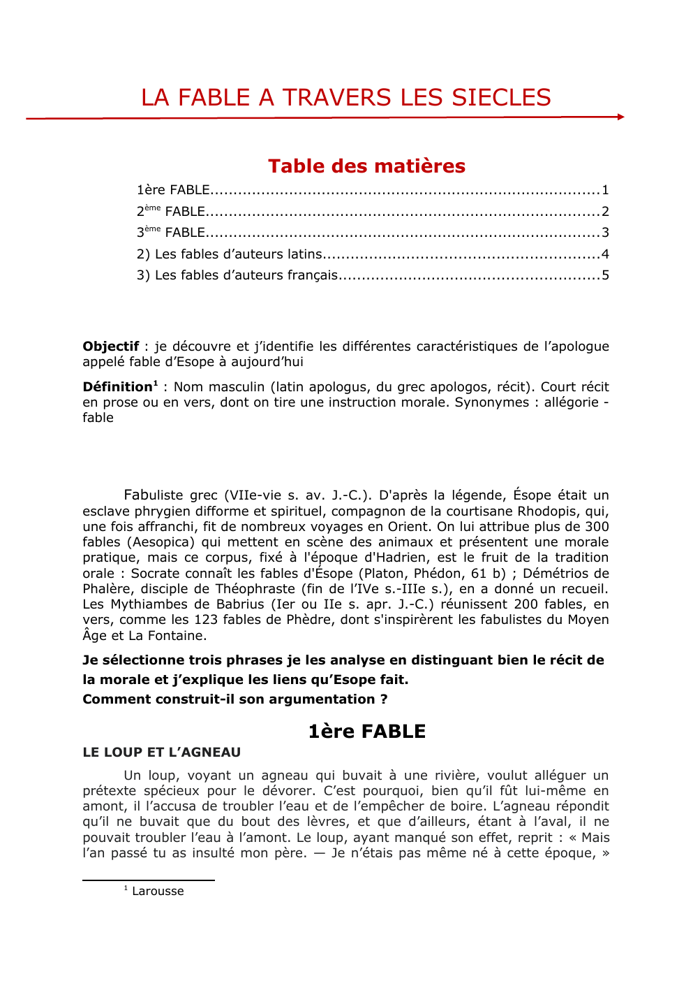 Prévisualisation du document LA FABLE A TRAVERS LES SIECLES