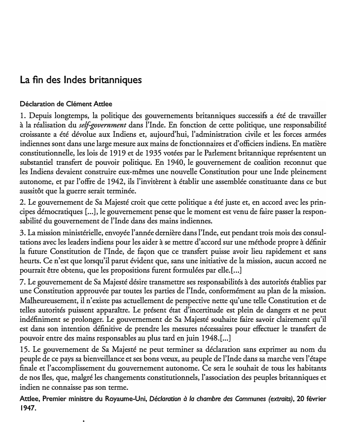 Prévisualisation du document La fin des Indes britanniques
Déclaration de Clément Attlee

1. Depuis longtemps, la politique des gouvernements britanniques successifs a été...