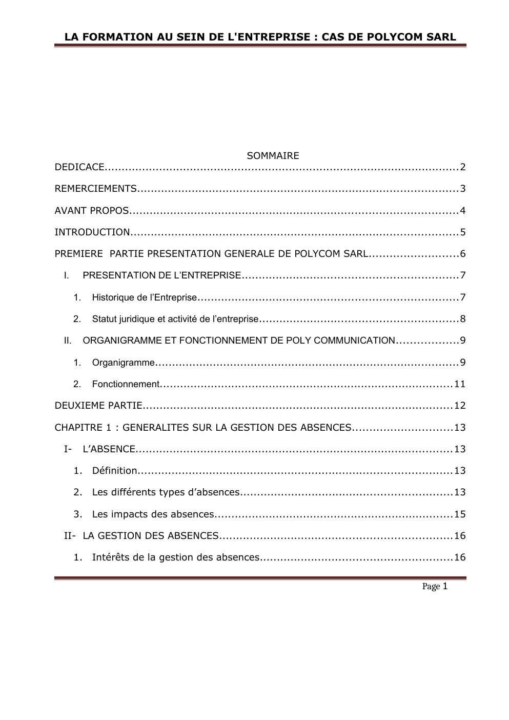 Prévisualisation du document LA FORMATION AU SEIN DE L'ENTREPRISE : CAS DE POLYCOM SARL