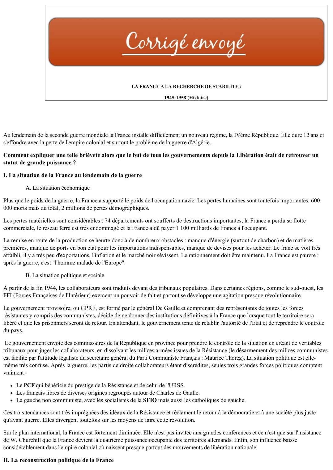Prévisualisation du document LA FRANCE A LA RECHERCHE DE STABILITE : 1945-1958 (Histoire)