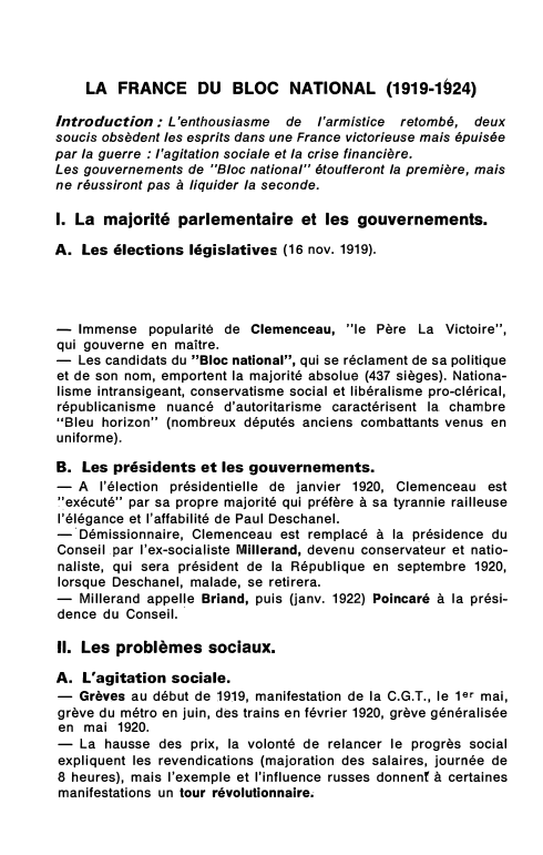 Prévisualisation du document LA FRANCE DU BLOC NATIONAL (1919-1924)
Introduction : L'enthousiasme d e l'armistice retombé, deux
soucis obsèdent les esprits dans une...