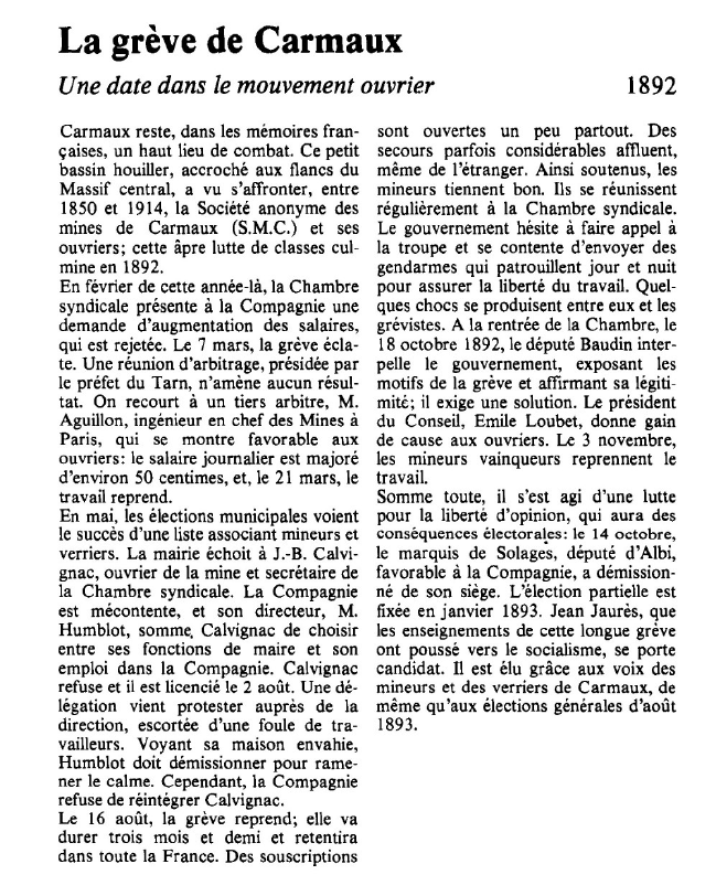 Prévisualisation du document La grève de Carmaux;Une date dans le mouvement ouvrier.