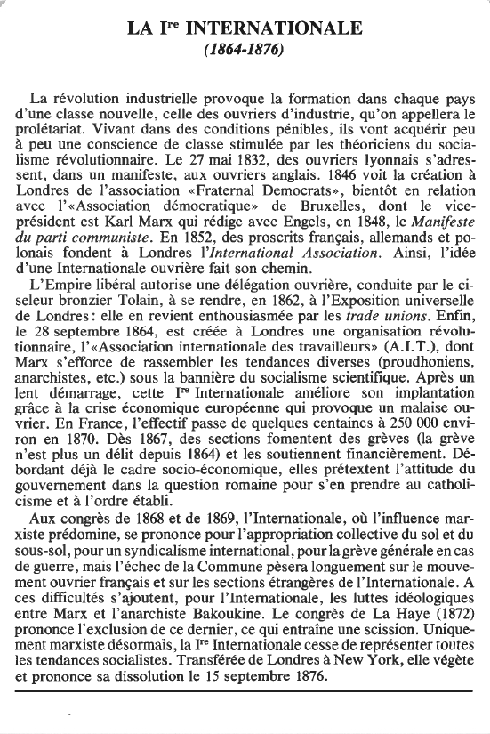 Prévisualisation du document LA Ier INTERNATIONALE(1864-1876) (HISTOIRE).