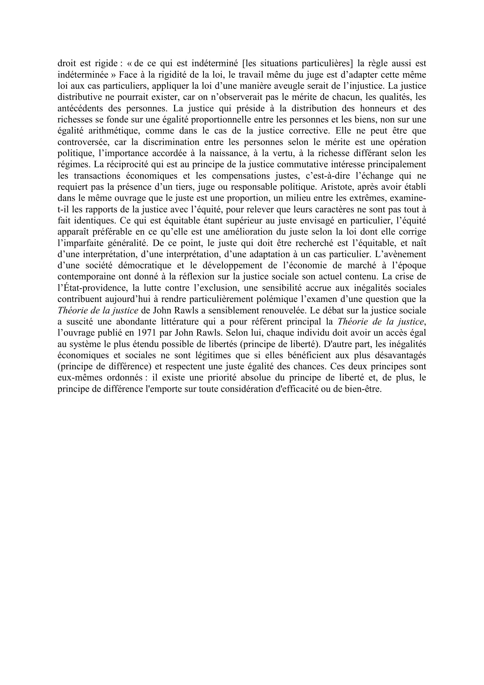 Prévisualisation du document « La justice et l'équité diffèrent en ce que celle-là juge suivant la lettre de la loi, et que celle-ci juge suivant l'esprit dans lequel la loi est censée avoir été faite. » Condillac, Dictionnaire des synonymes, 1767. Commentez cette citation.