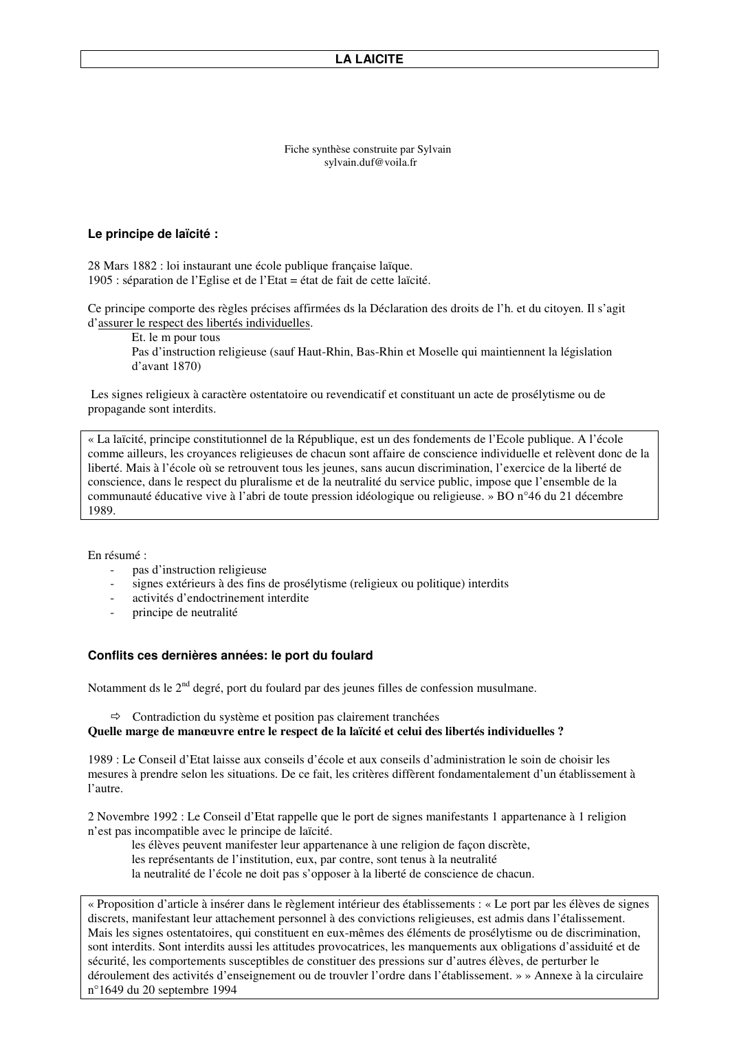 Prévisualisation du document LA LAICITEFiche synthèse construite par Sylvainsylvain.