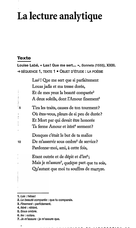 Prévisualisation du document La lecture analytique

Texte
Louise Labé,« Las! Que me sert... ,., Sonnets (1555), XXIII.
➔ SÉQUENCE 1, TEXTE 1 •...