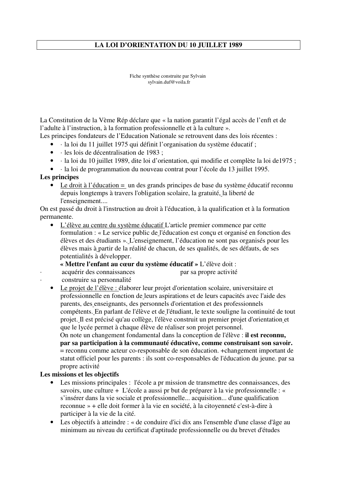Prévisualisation du document LA LOI D'ORIENTATION DU 10 JUILLET 1989Fiche synthèse construite par Sylvainsylvain.