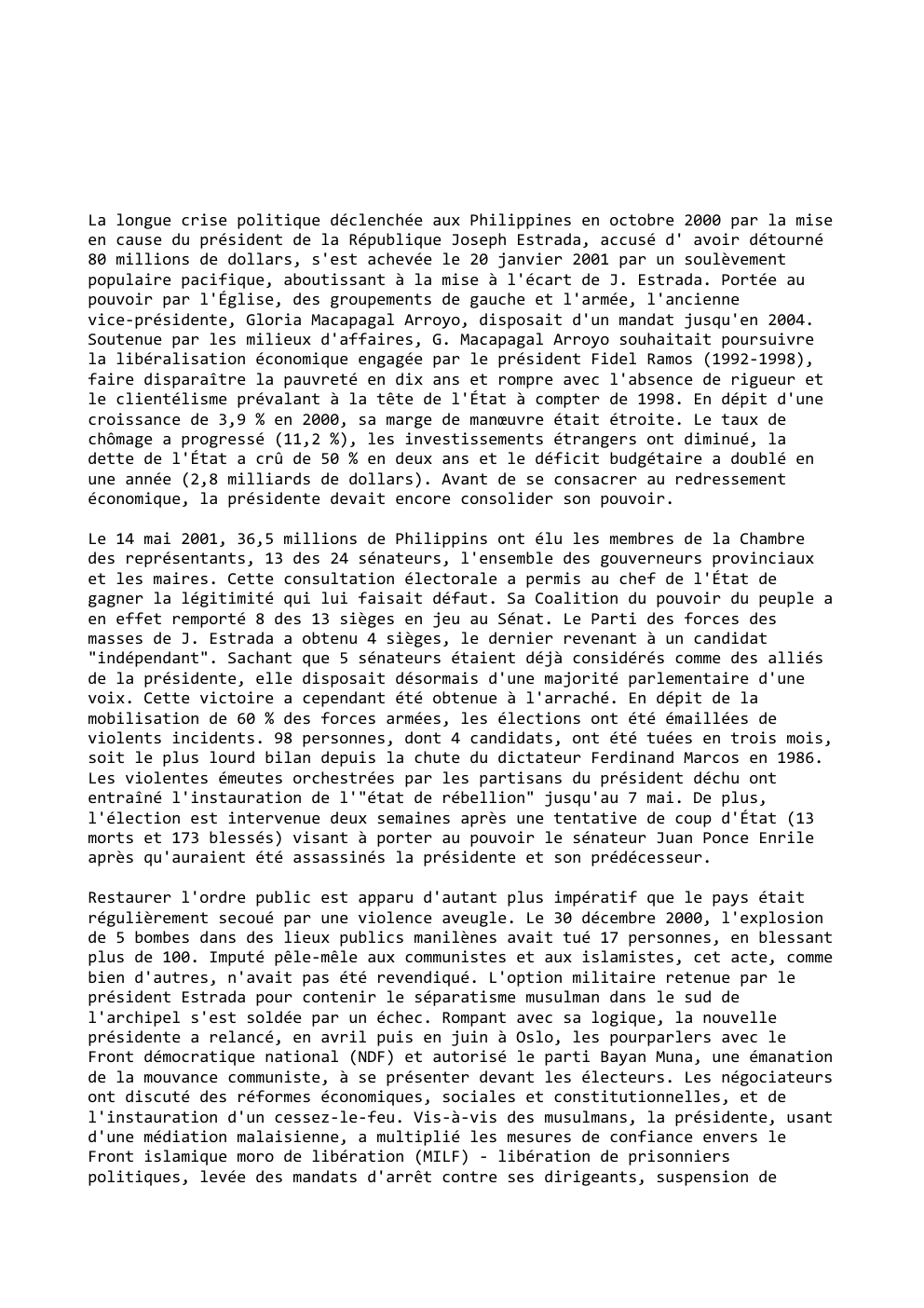 Prévisualisation du document La longue crise politique déclenchée aux Philippines en octobre 2000 par la mise
en cause du président de la République...