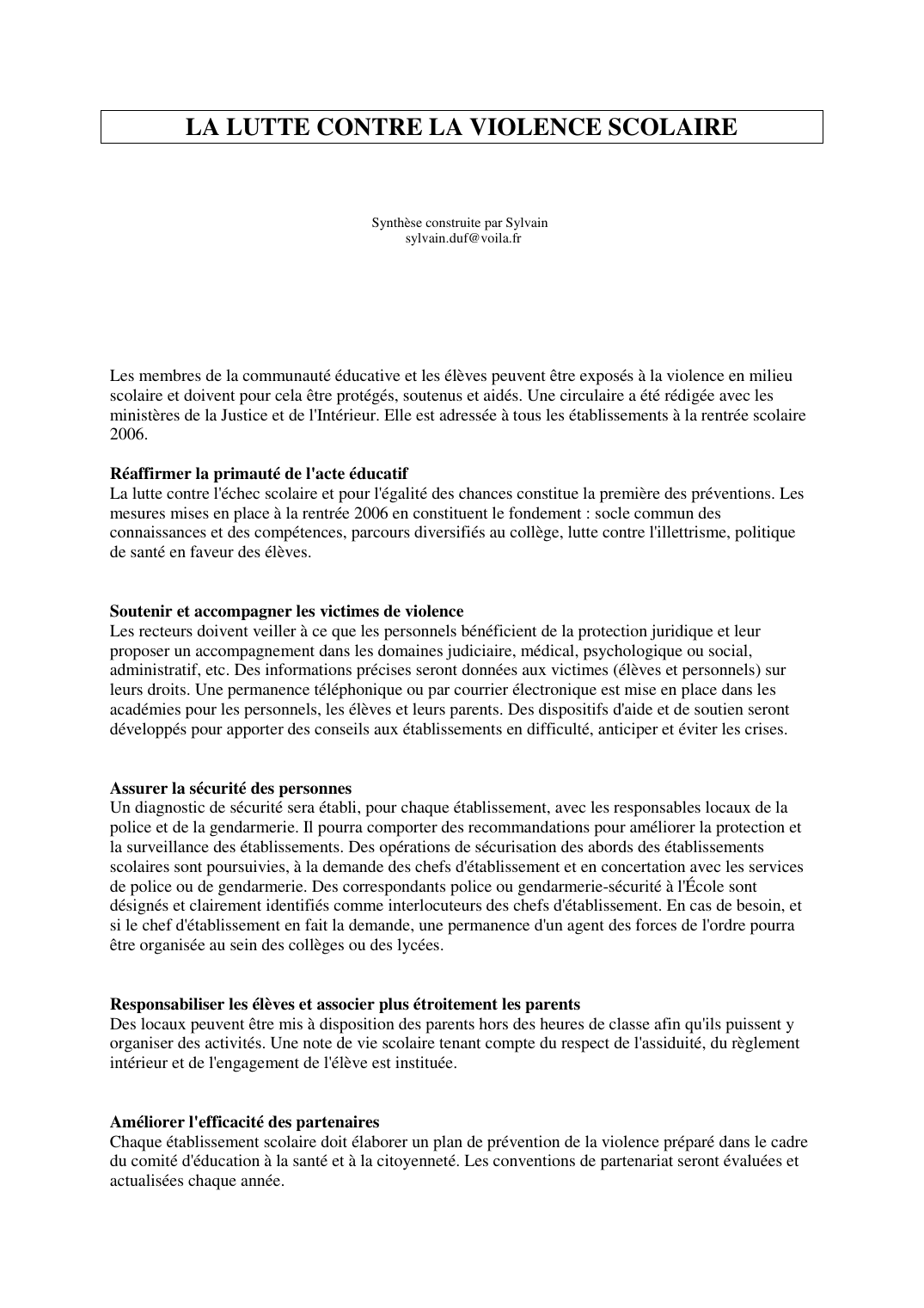 Prévisualisation du document LA LUTTE CONTRE LA VIOLENCE SCOLAIRESynthèse construite par Sylvainsylvain.