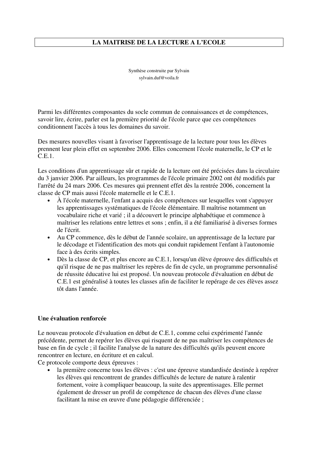 Prévisualisation du document LA MAITRISE DE LA LECTURE A L'ECOLESynthèse construite par Sylvainsylvain.