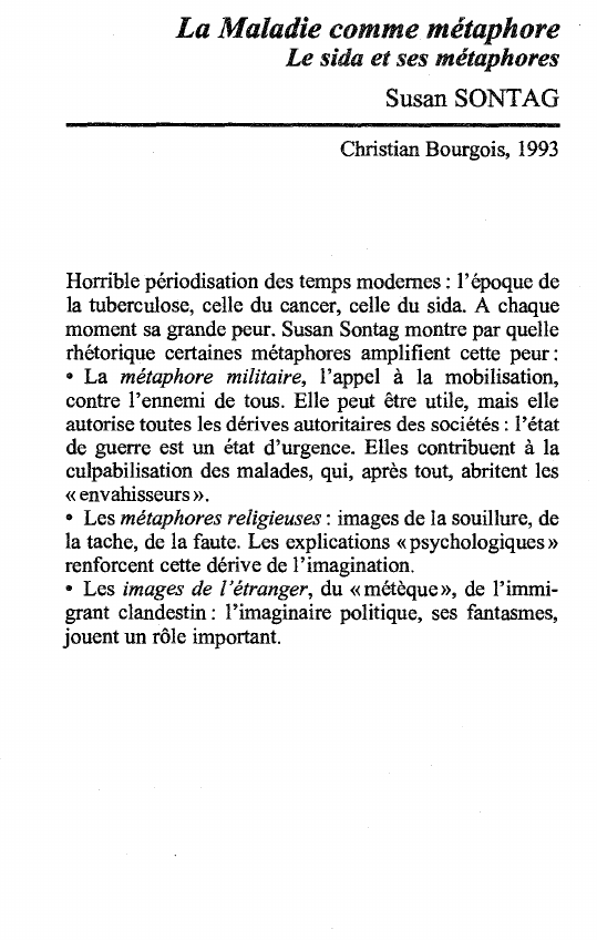 Prévisualisation du document La Maladie comme métaphore ou Le sida et ses métaphores Susan SONTAG