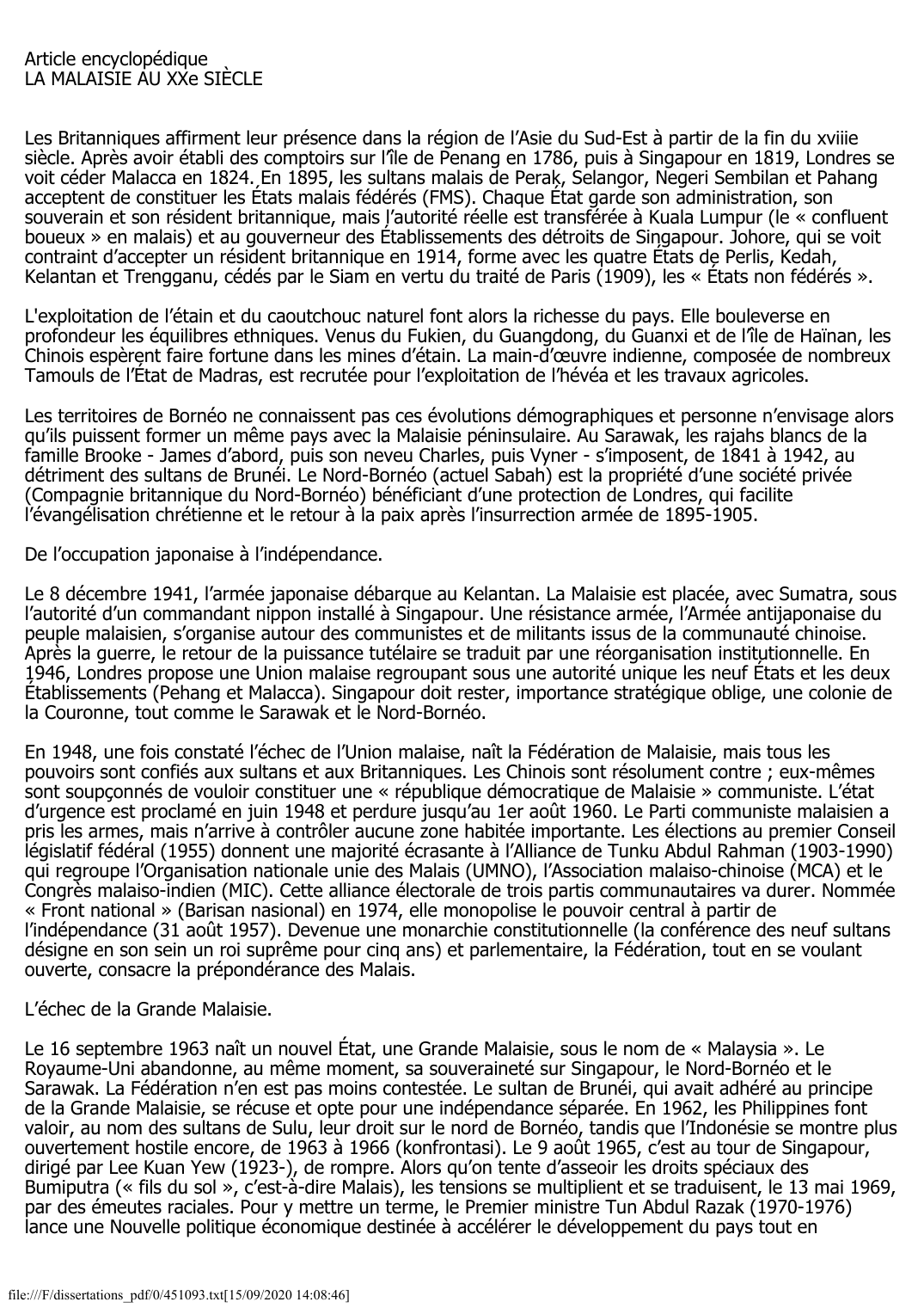 Prévisualisation du document LA MALAISIE AU XXe SIÈCLE