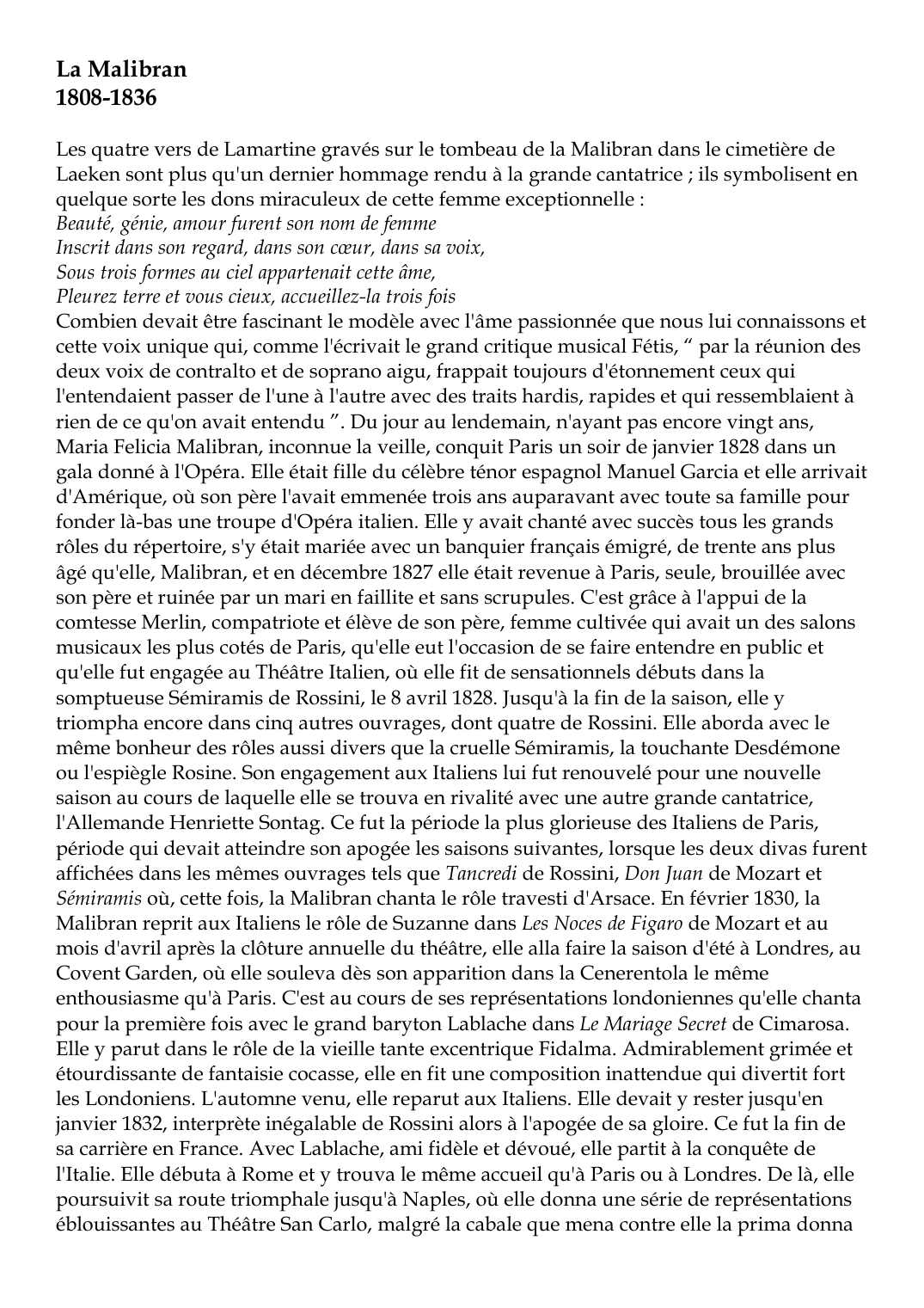 Prévisualisation du document La Malibran1808-1836Les quatre vers de Lamartine gravés sur le tombeau