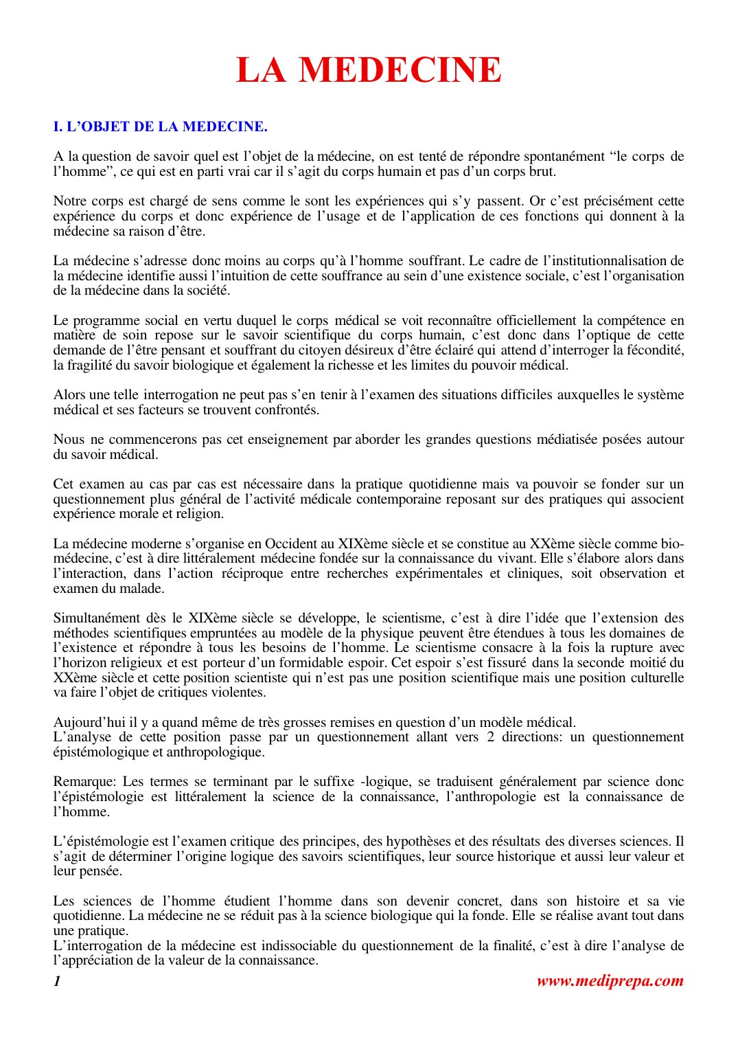 Prévisualisation du document LA MEDECINEI.