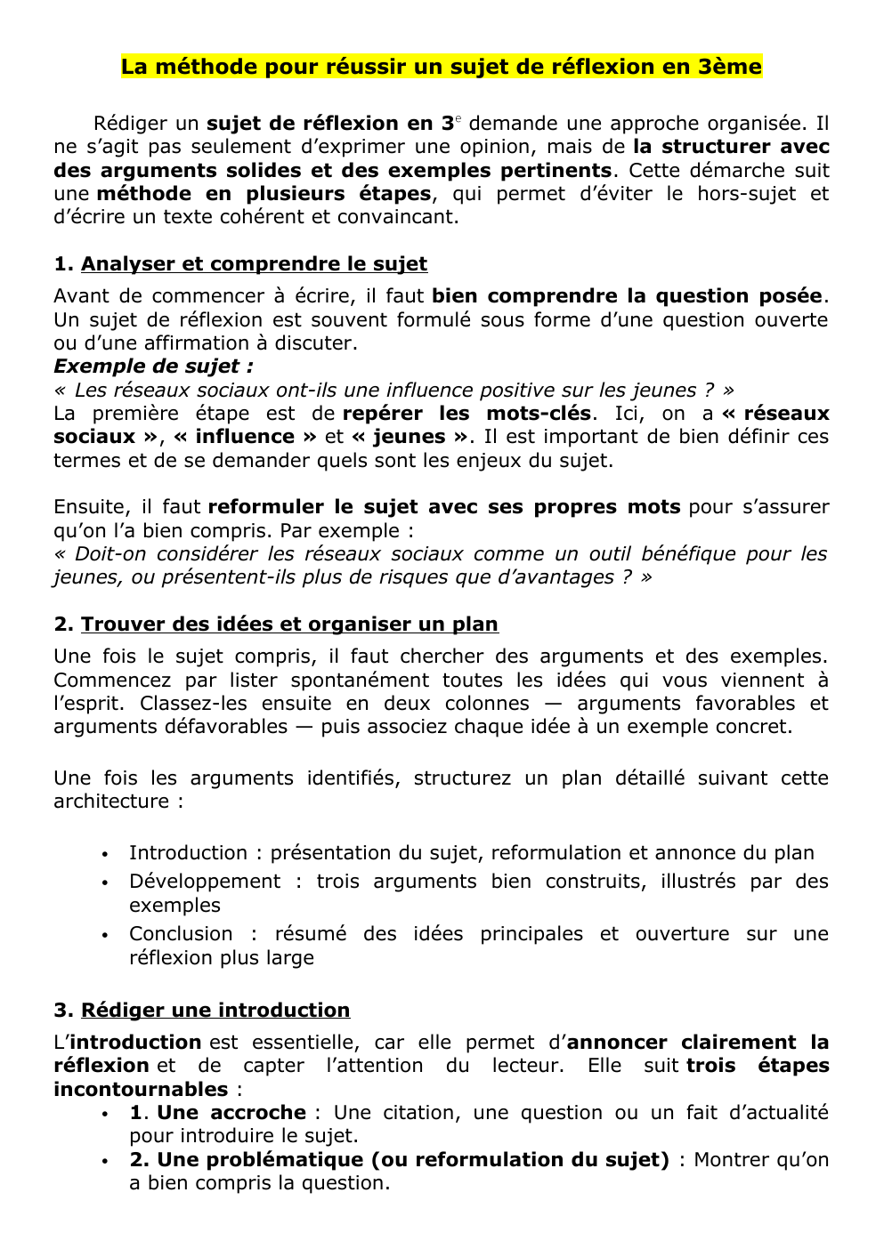 Prévisualisation du document La méthode pour réussir un sujet de réflexion en 3è