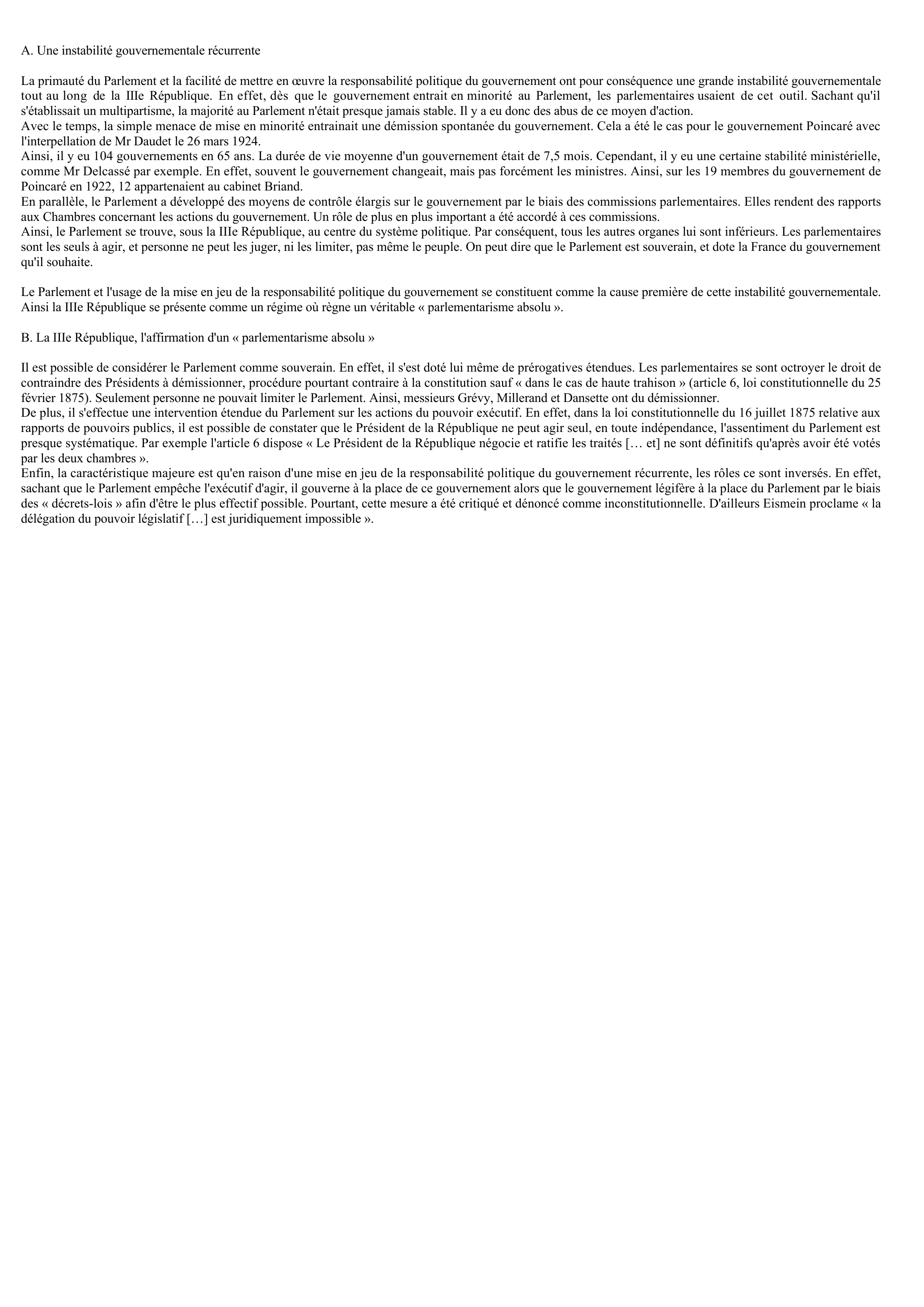 Prévisualisation du document « La mise en oeuvre de la responsabilité politique du gouvernement sous la IIIe République »