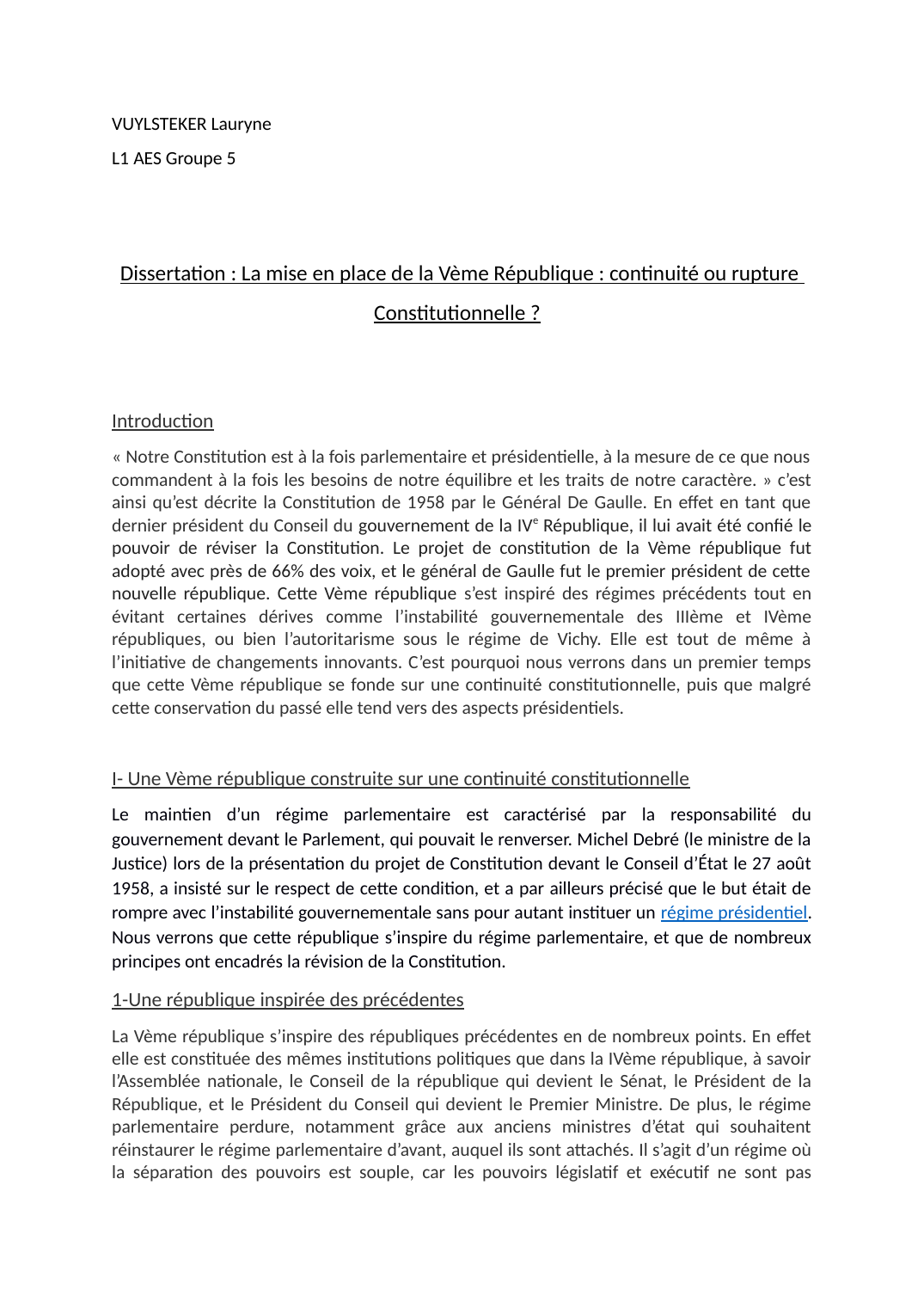 Prévisualisation du document La mise en place de la Vème république : continuité ou rupture Constitutionnelle ?