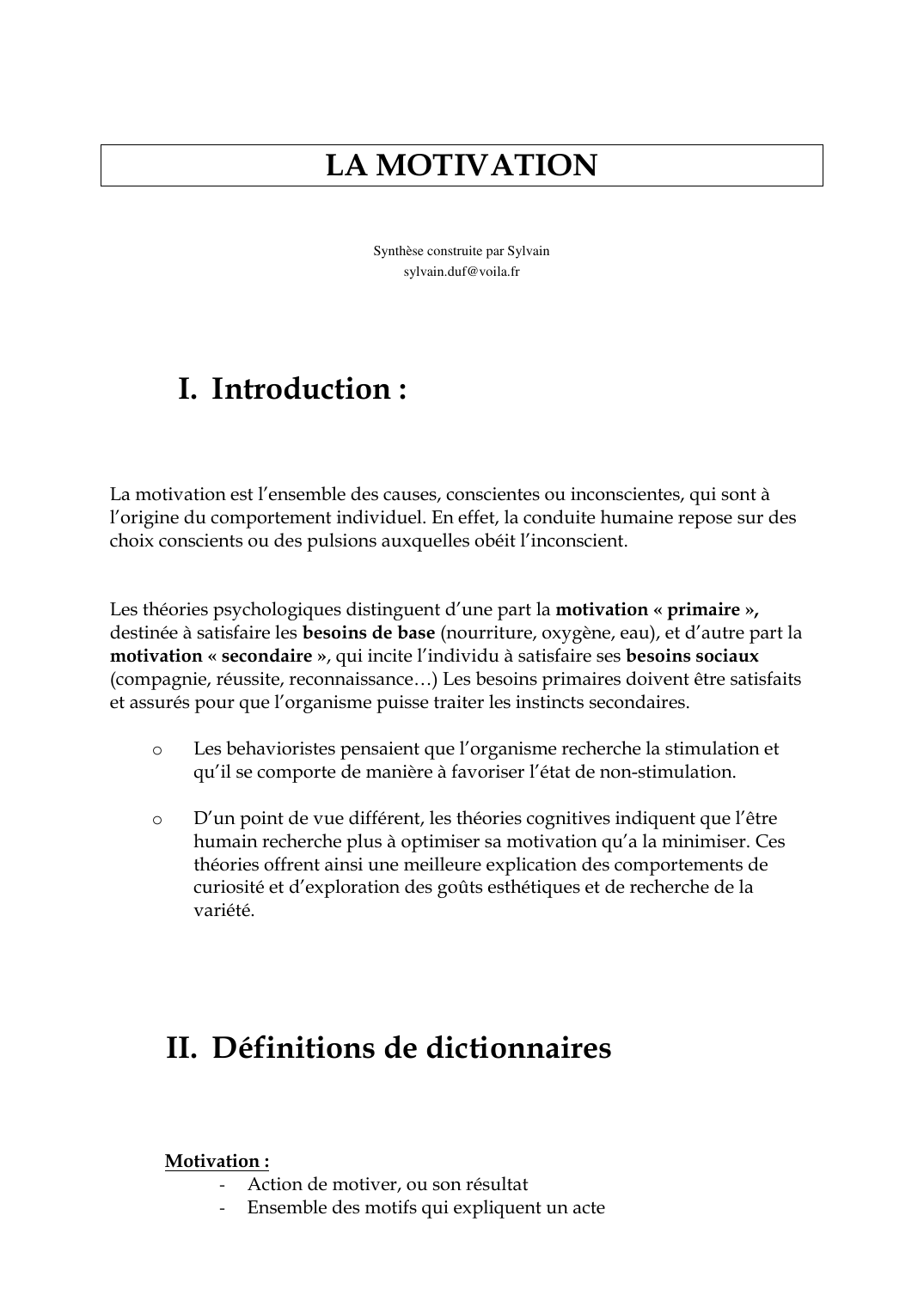 Prévisualisation du document LA MOTIVATIONSynthèse construite par Sylvainsylvain.