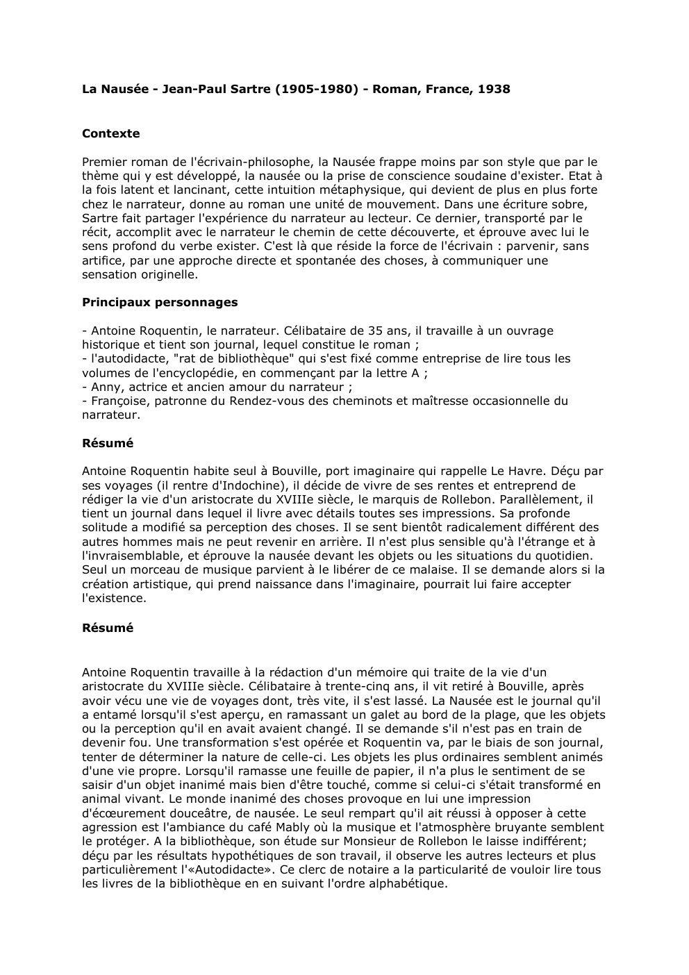 Prévisualisation du document La Nausée - Jean-Paul Sartre (1905-1980) - Roman, France, 1938