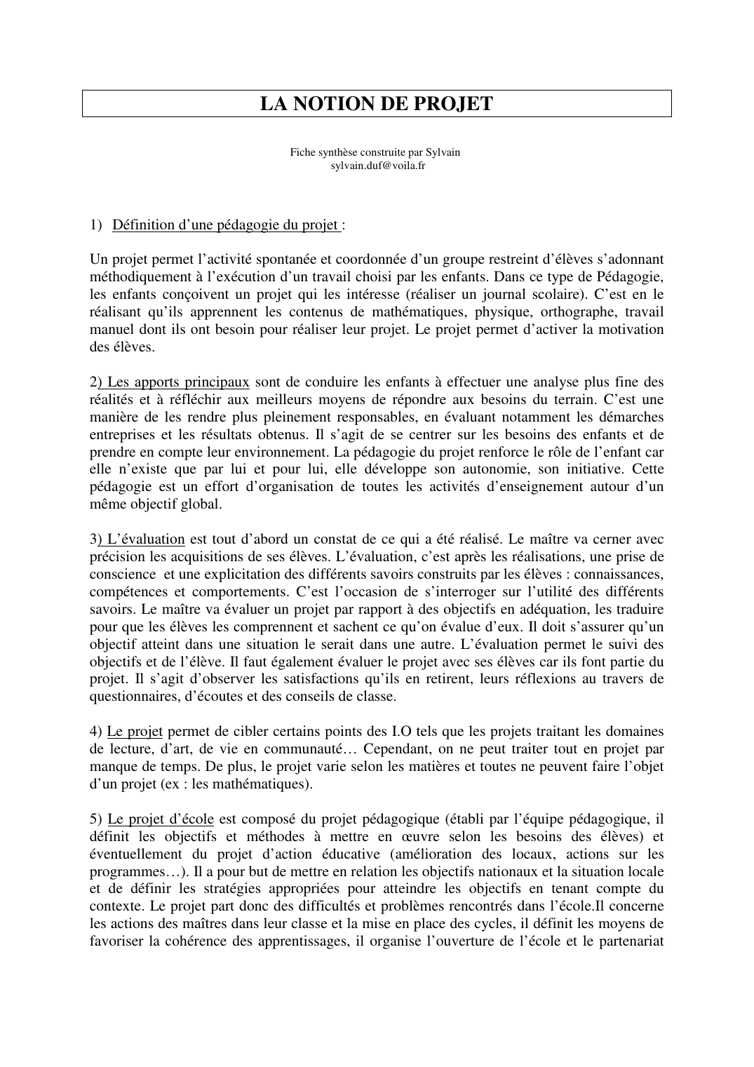 Prévisualisation du document LA NOTION DE PROJETFiche synthèse construite par Sylvainsylvain.