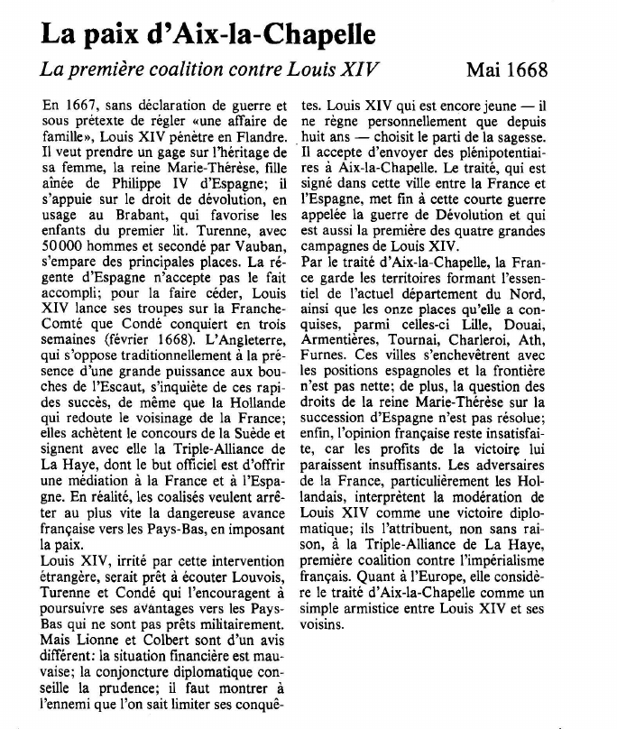 Prévisualisation du document La paix d'Aix-la-ChapelleLa première coalition contre Louis XIV.
