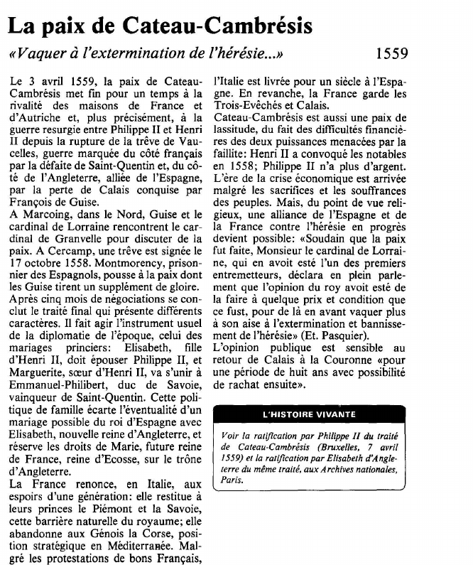 Prévisualisation du document La paix de Cateau-Cambrésis«Vaquer à l'extermination de l'hérésie.