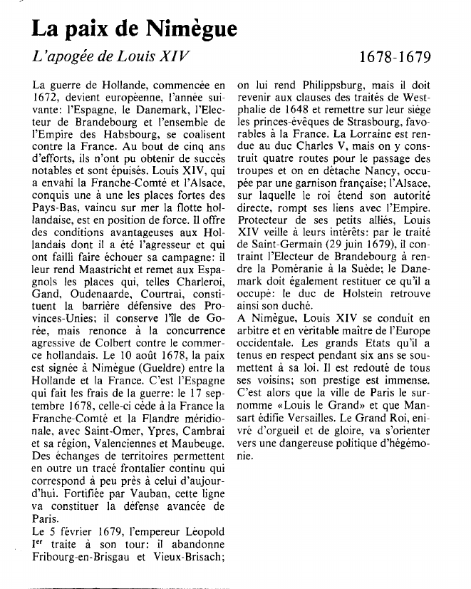 Prévisualisation du document La paix de Nimègue:L'apogée de Louis XIV.