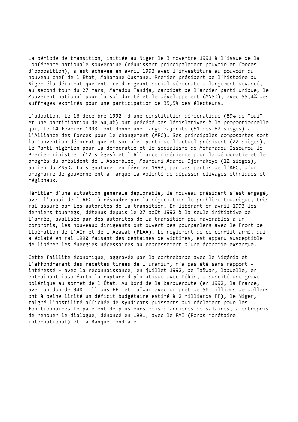 Prévisualisation du document La période de transition, initiée au Niger le 3 novembre 1991 à l'issue de la
Conférence nationale souveraine (réunissant principalement...