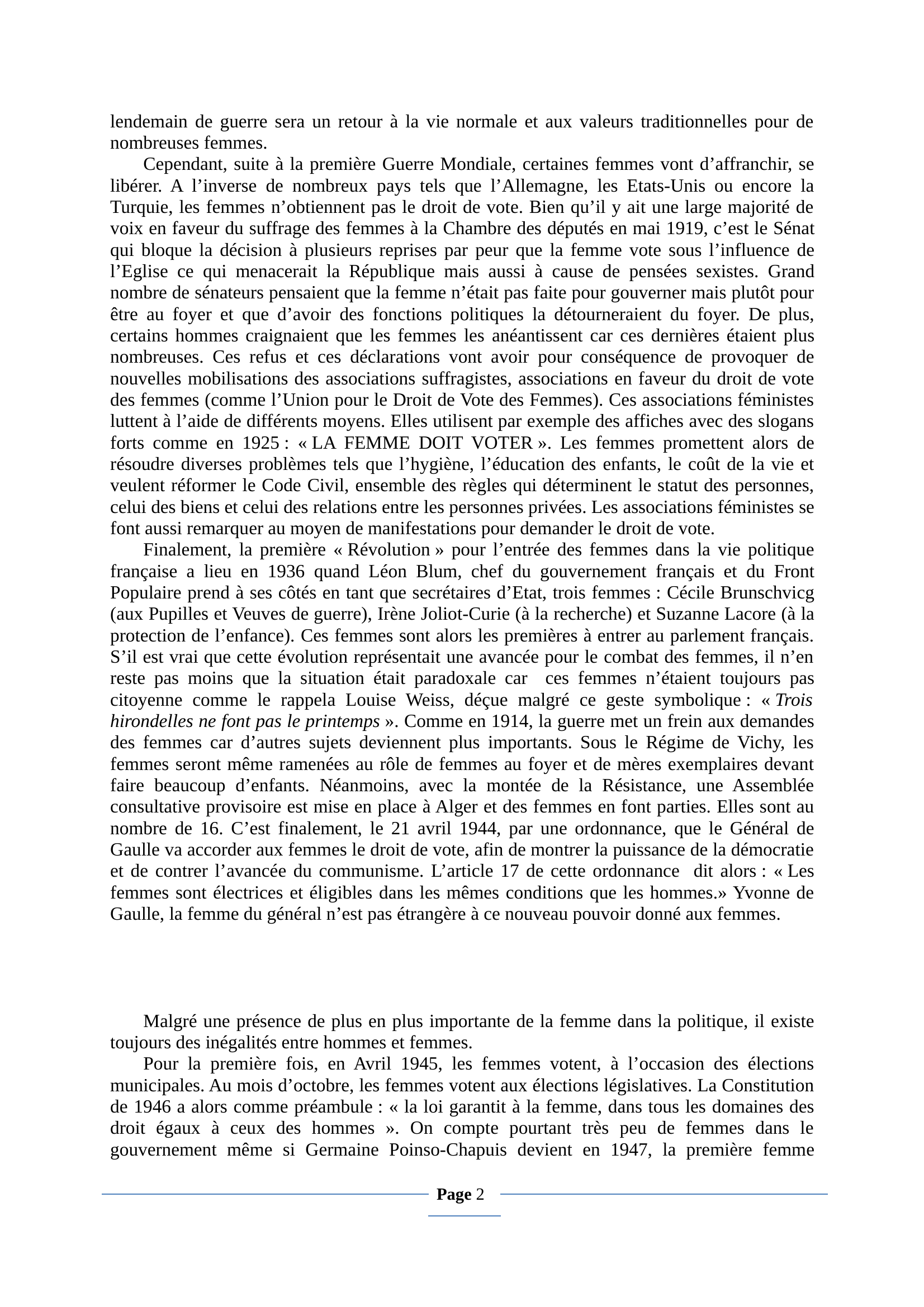 Prévisualisation du document La place de la femme dans la vie politique française depuis 1914 (histoire)