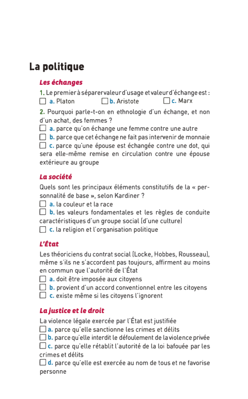 Prévisualisation du document La politique
Les échanges
1. Le premier à séparer valeur d'usage et valeur d'échange est:
D c. Marx
D a....