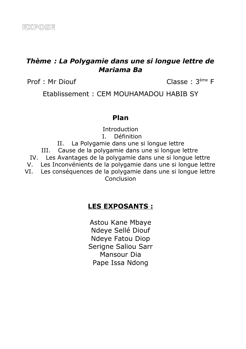 Prévisualisation du document La Polygamie dans une si longue lettre de Mariama Ba